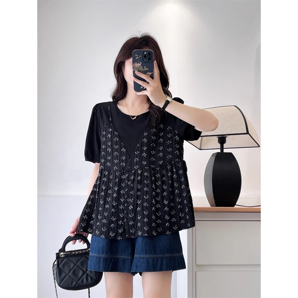 漾貝比【9155575】中大尺碼女裝 蝴蝶結印花細肩帶背心泡泡袖假兩件式上衣(38-50)-細節圖7