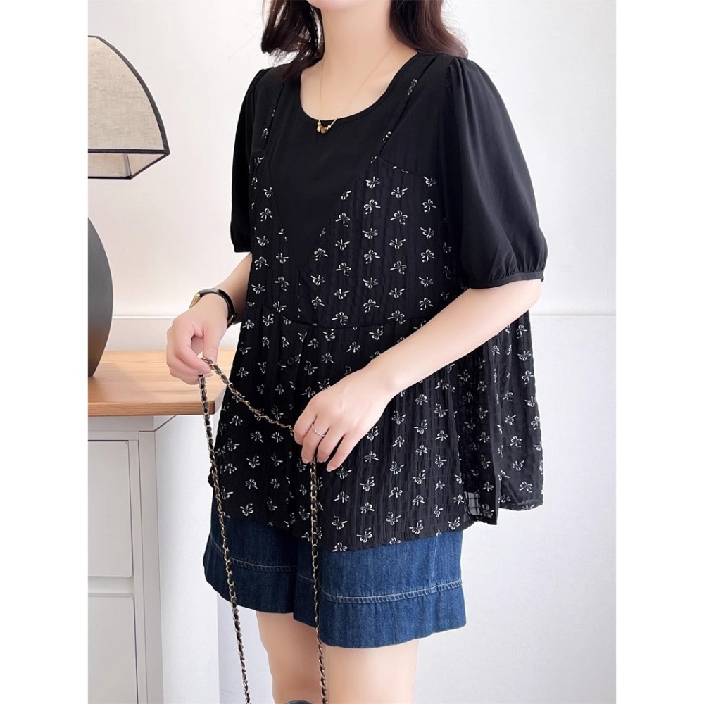 漾貝比【9155575】中大尺碼女裝 蝴蝶結印花細肩帶背心泡泡袖假兩件式上衣(38-50)-細節圖2