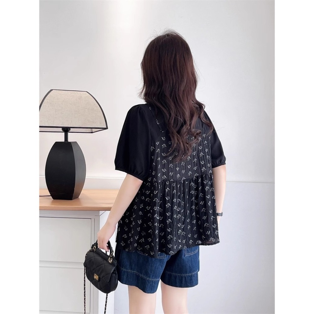 漾貝比【9155575】中大尺碼女裝 蝴蝶結印花細肩帶背心泡泡袖假兩件式上衣(38-50)-細節圖5