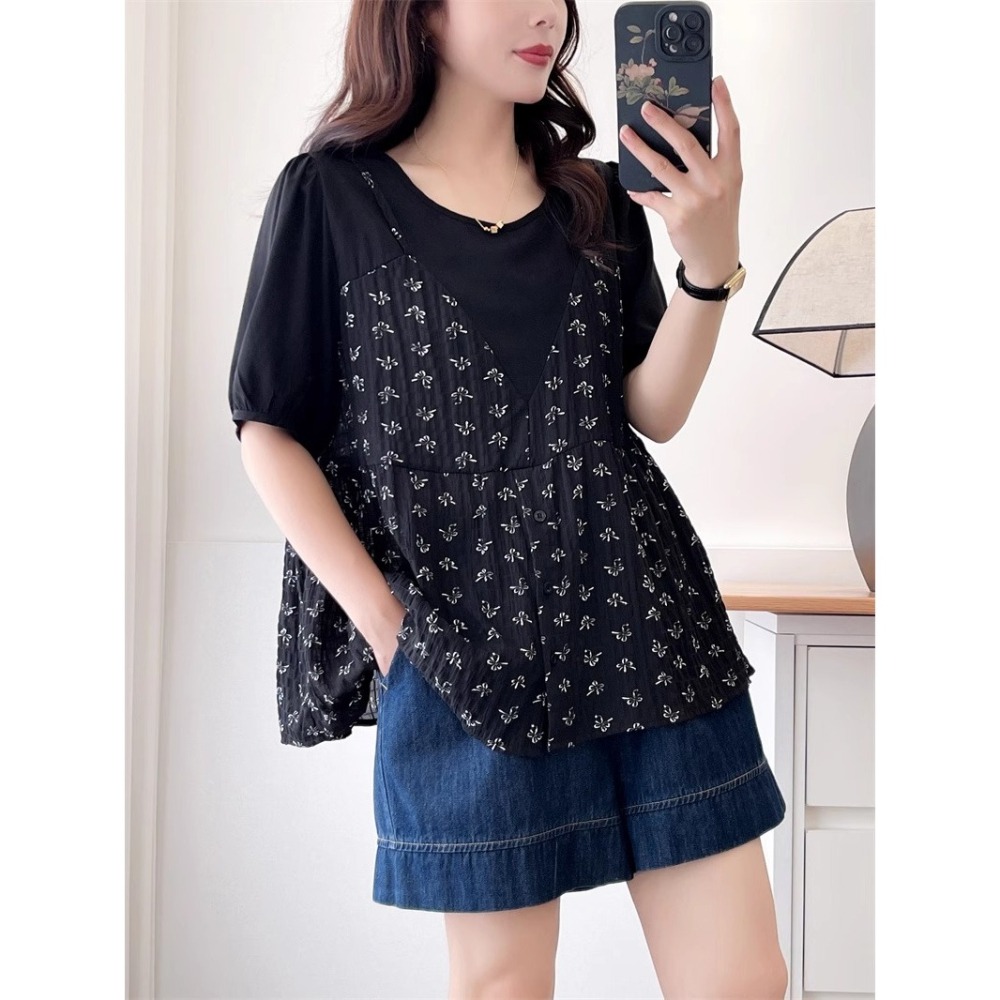 漾貝比【9155575】中大尺碼女裝 蝴蝶結印花細肩帶背心泡泡袖假兩件式上衣(38-50)-細節圖8