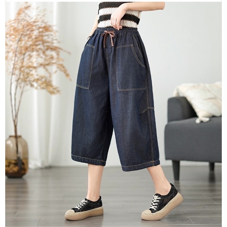 漾貝比【9155578】中大尺碼女裝 撞色車線大方口袋鬆緊牛仔七分闊腿褲(28-38)-細節圖2