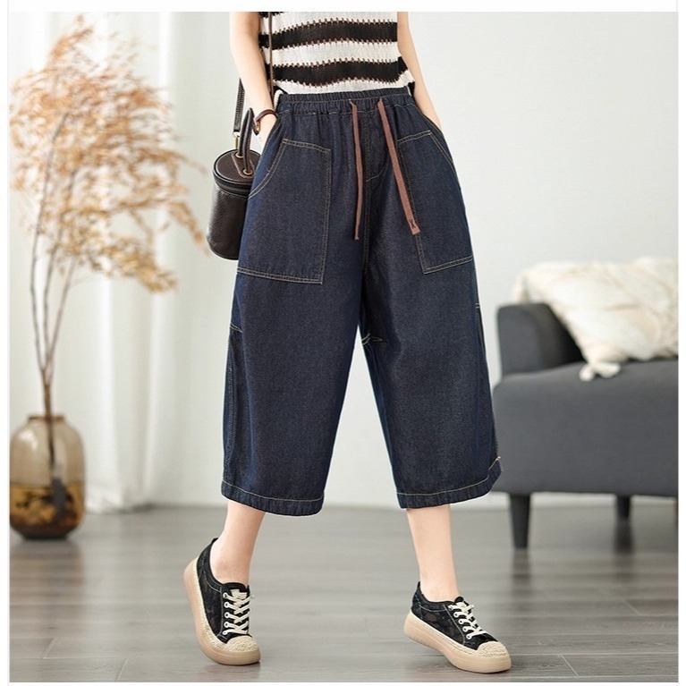 漾貝比【9155578】中大尺碼女裝 撞色車線大方口袋鬆緊牛仔七分闊腿褲(28-38)-細節圖4