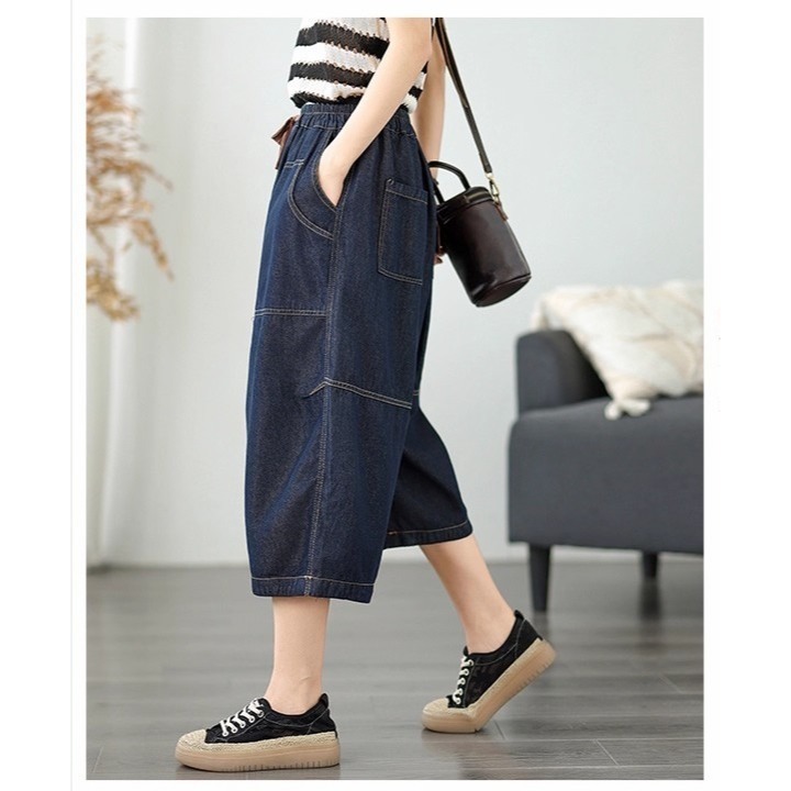 漾貝比【9155578】中大尺碼女裝 撞色車線大方口袋鬆緊牛仔七分闊腿褲(28-38)-細節圖5