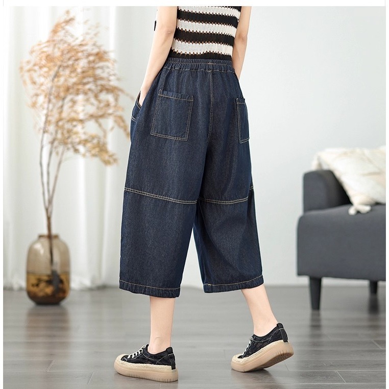 漾貝比【9155578】中大尺碼女裝 撞色車線大方口袋鬆緊牛仔七分闊腿褲(28-38)-細節圖6