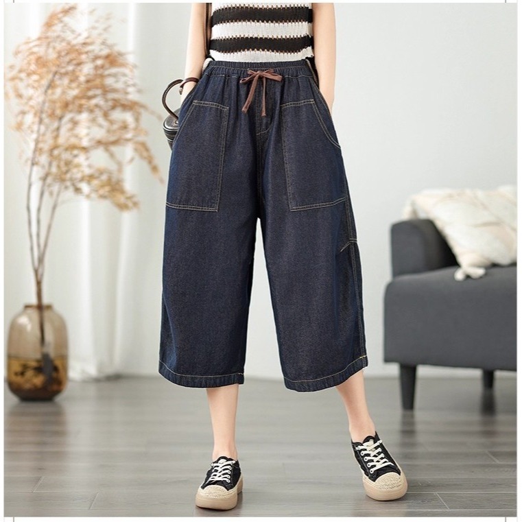 漾貝比【9155578】中大尺碼女裝 撞色車線大方口袋鬆緊牛仔七分闊腿褲(28-38)-細節圖3