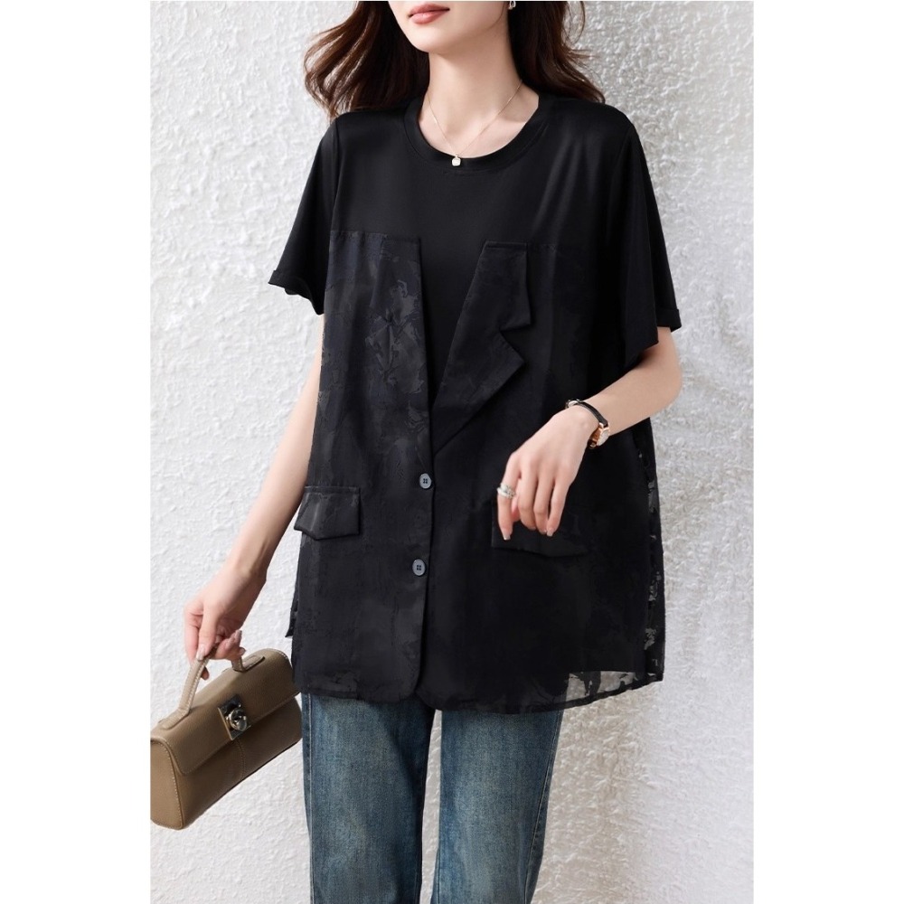 漾貝比【9155580】中大尺碼女裝 時尚勾花縷空長背心假兩件式上衣(38-53)-細節圖2