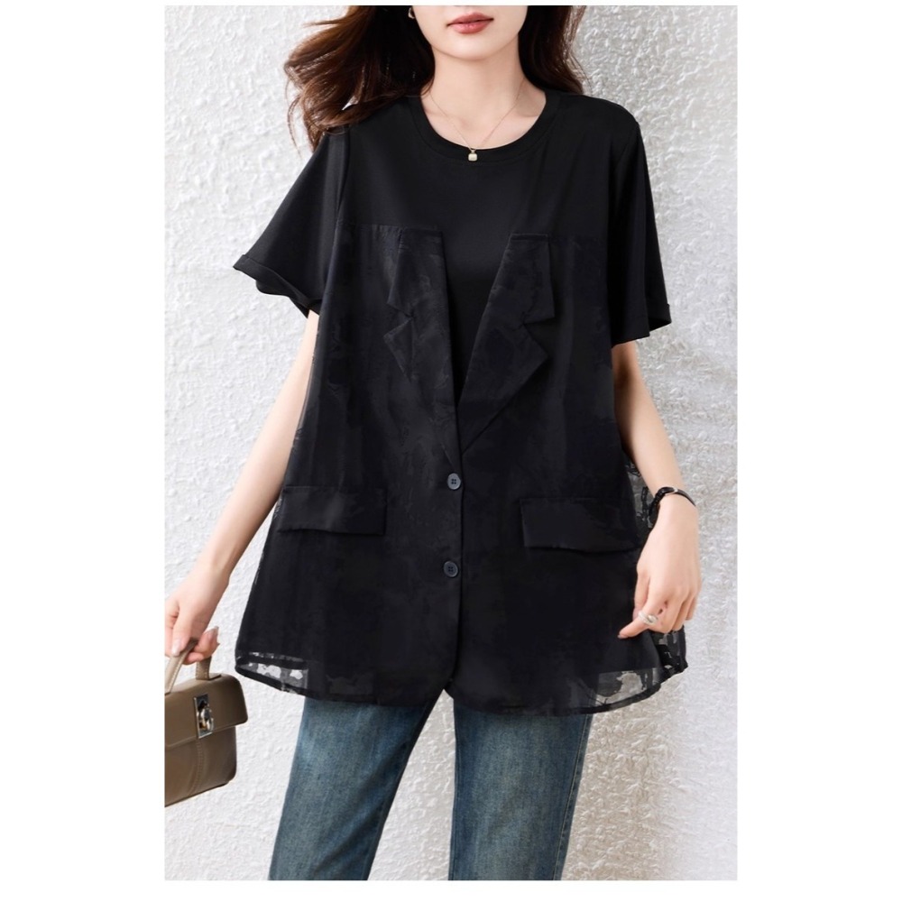 漾貝比【9155580】中大尺碼女裝 時尚勾花縷空長背心假兩件式上衣(38-53)-細節圖3