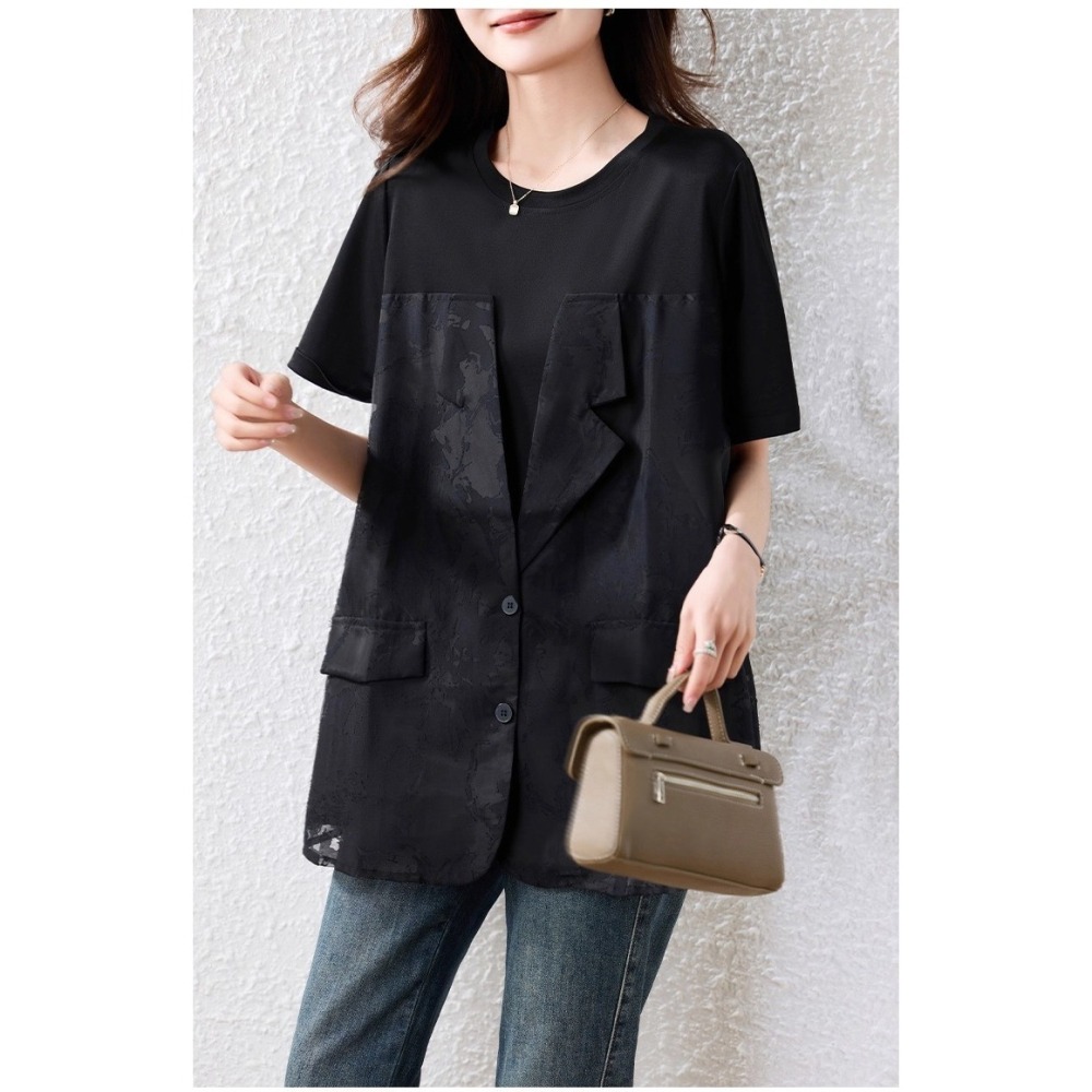 漾貝比【9155580】中大尺碼女裝 時尚勾花縷空長背心假兩件式上衣(38-53)-細節圖4