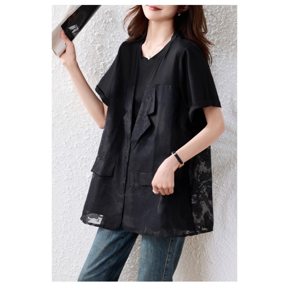 漾貝比【9155580】中大尺碼女裝 時尚勾花縷空長背心假兩件式上衣(38-53)-細節圖6