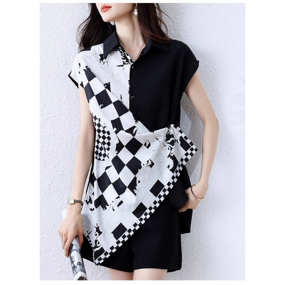 漾貝比【9155586】中大尺碼女裝 棋盤領巾斜拼接撞色個性造型連袖襯衫(36-50)-細節圖3