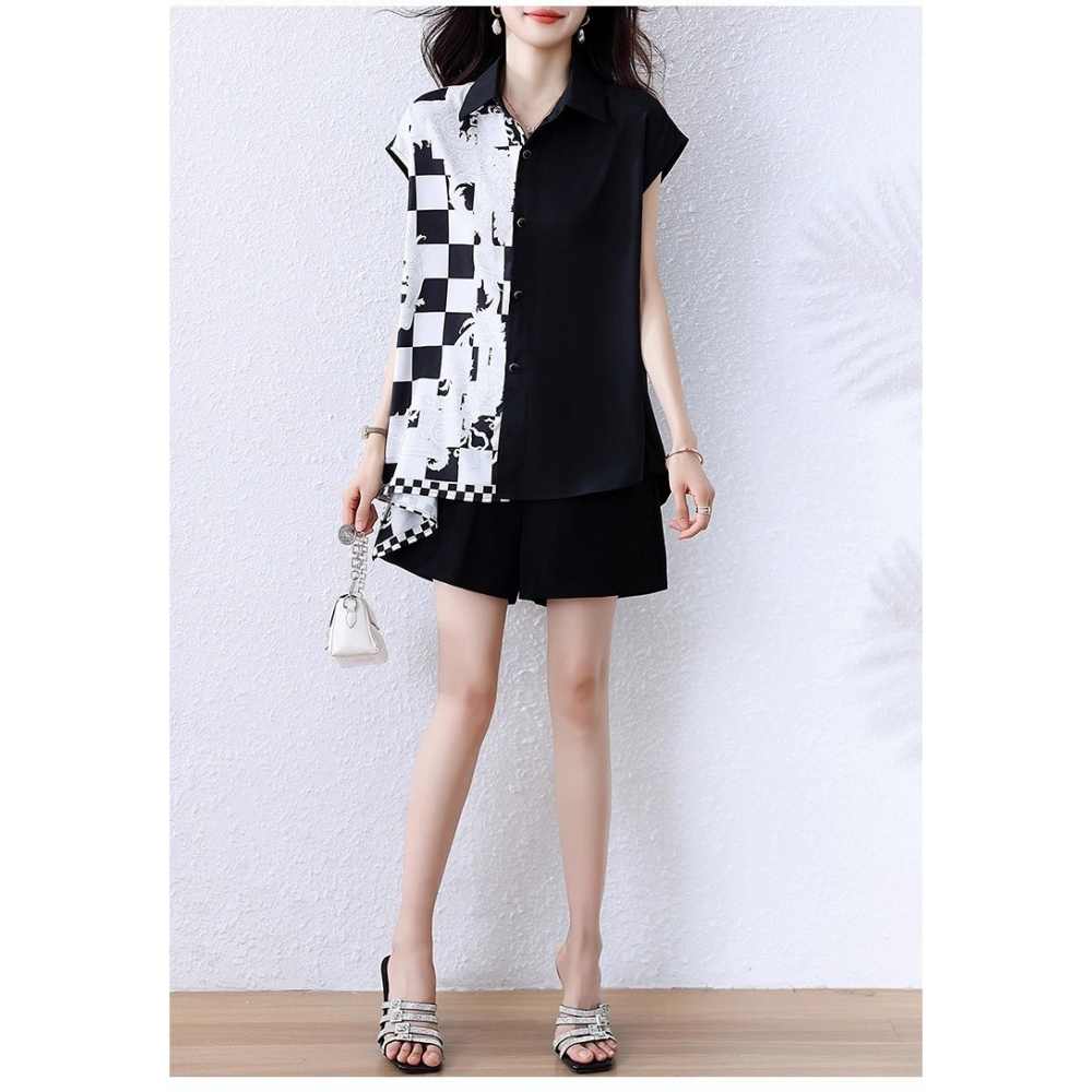 漾貝比【9155586】中大尺碼女裝 棋盤領巾斜拼接撞色個性造型連袖襯衫(36-50)-細節圖6