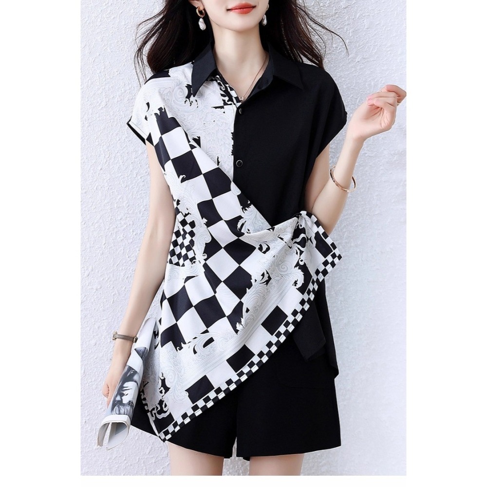 漾貝比【9155586】中大尺碼女裝 棋盤領巾斜拼接撞色個性造型連袖襯衫(36-50)-細節圖2