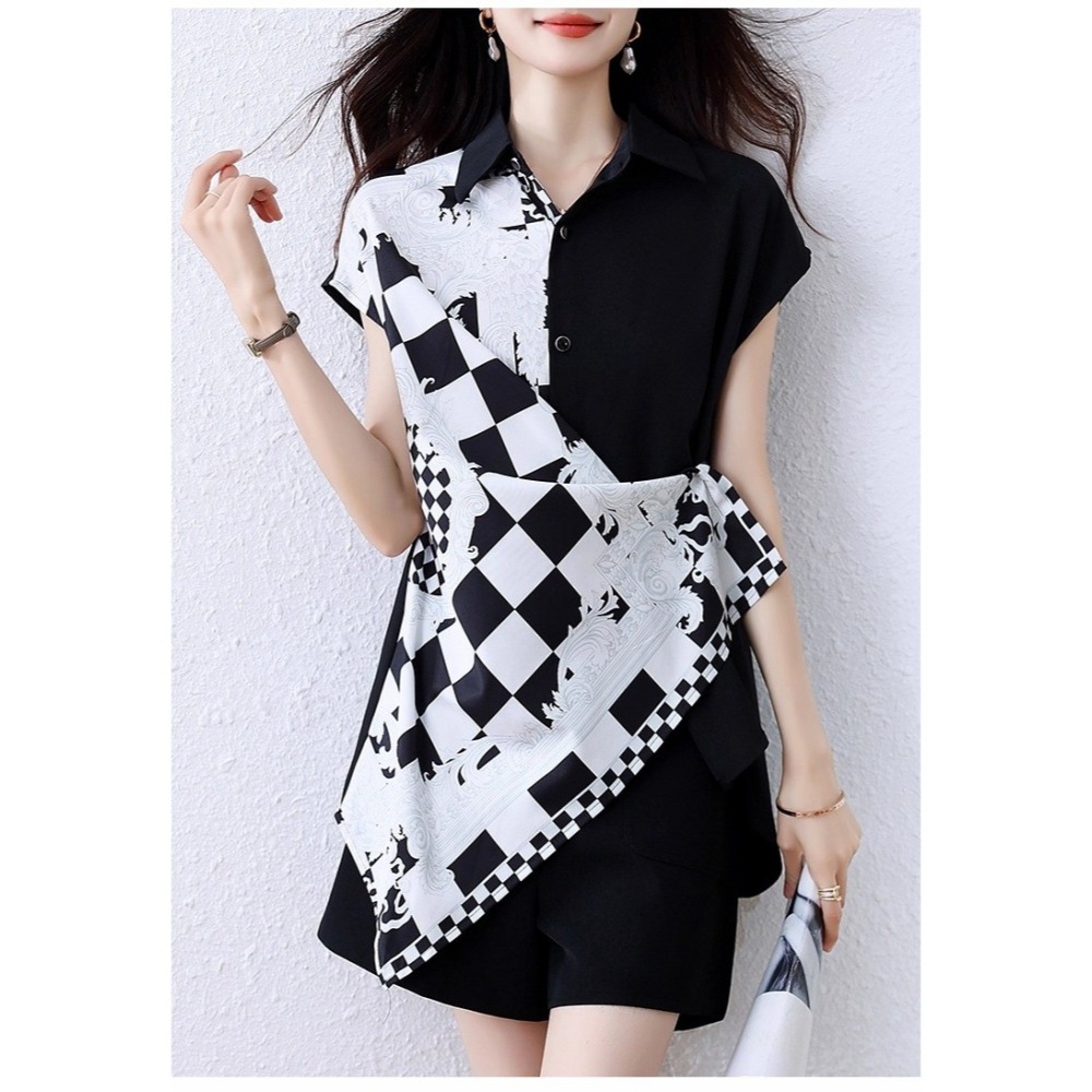 漾貝比【9155586】中大尺碼女裝 棋盤領巾斜拼接撞色個性造型連袖襯衫(36-50)-細節圖4