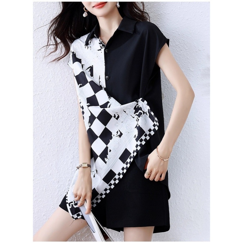 漾貝比【9155586】中大尺碼女裝 棋盤領巾斜拼接撞色個性造型連袖襯衫(36-50)-細節圖5