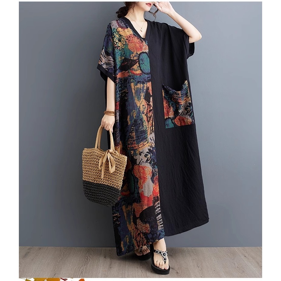 漾貝比【9155590】中大尺碼女裝 V領印象彩繪印花拼接長洋裝(40-55)-細節圖2