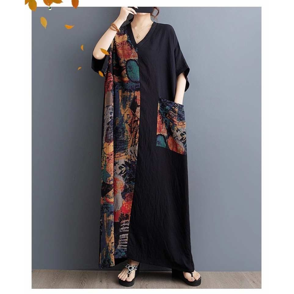 漾貝比【9155590】中大尺碼女裝 V領印象彩繪印花拼接長洋裝(40-55)-細節圖3