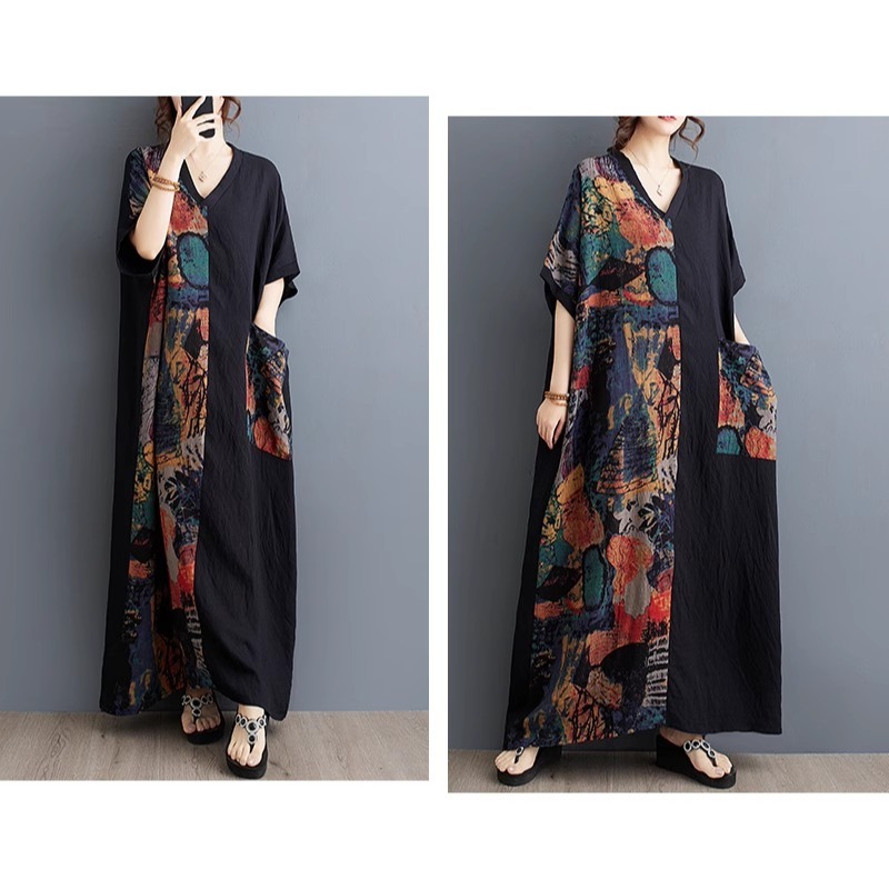 漾貝比【9155590】中大尺碼女裝 V領印象彩繪印花拼接長洋裝(40-55)-細節圖4