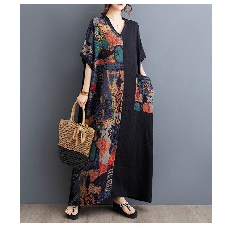 漾貝比【9155590】中大尺碼女裝 V領印象彩繪印花拼接長洋裝(40-55)-細節圖5