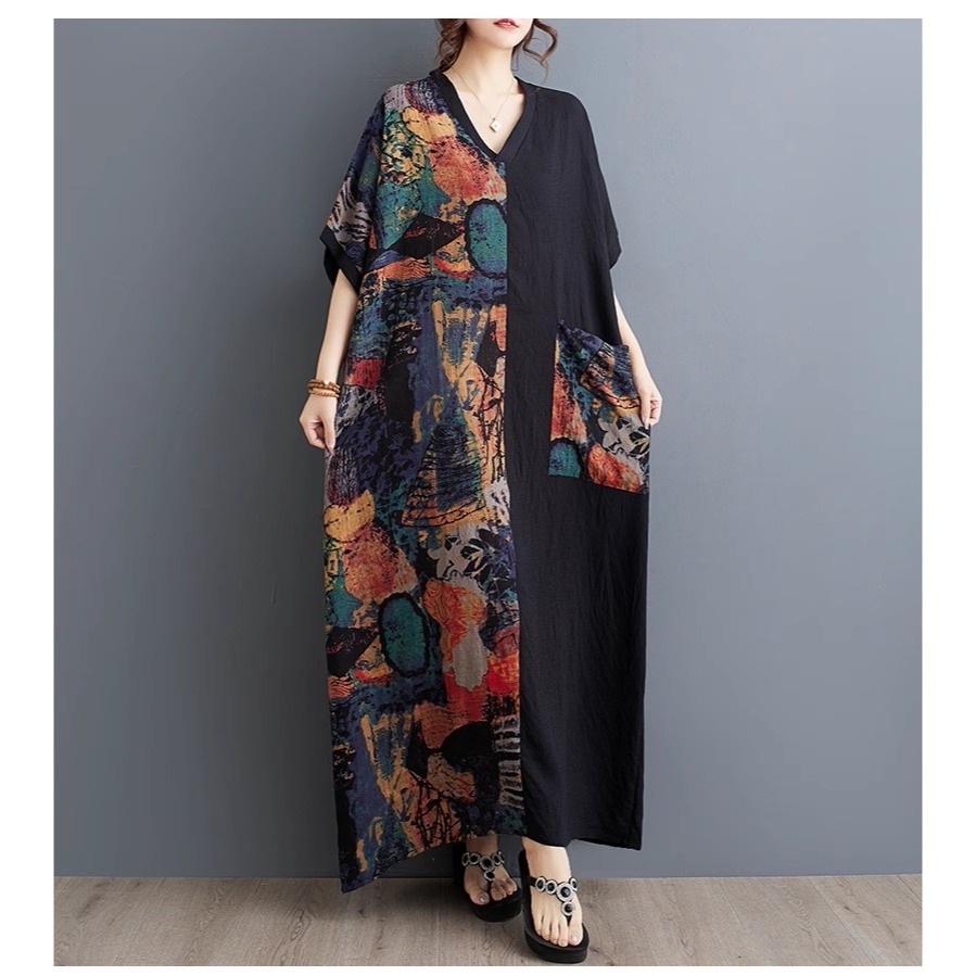 漾貝比【9155590】中大尺碼女裝 V領印象彩繪印花拼接長洋裝(40-55)-細節圖6