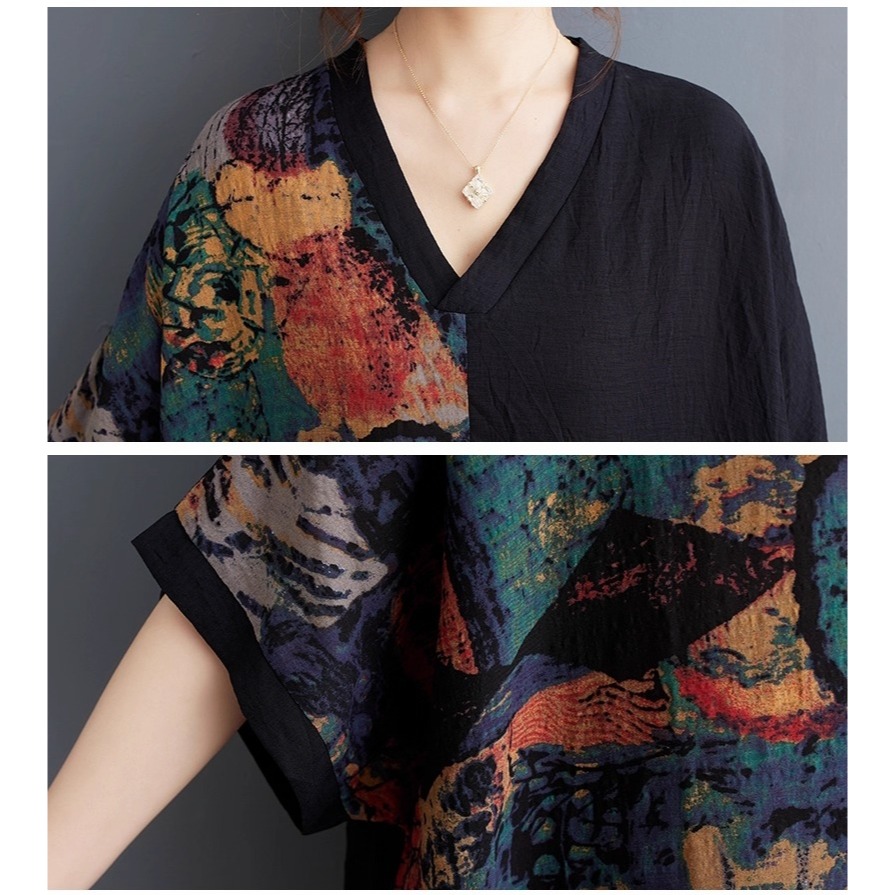 漾貝比【9155590】中大尺碼女裝 V領印象彩繪印花拼接長洋裝(40-55)-細節圖7