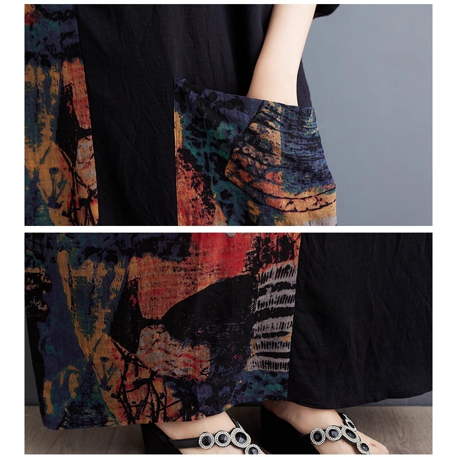 漾貝比【9155590】中大尺碼女裝 V領印象彩繪印花拼接長洋裝(40-55)-細節圖8