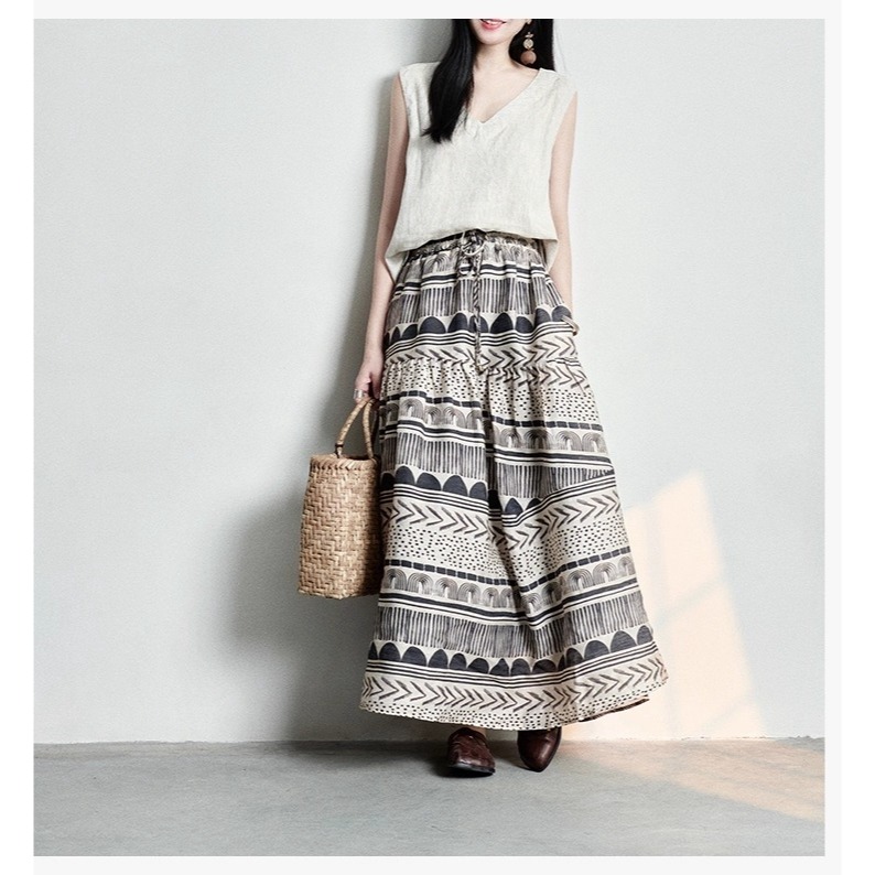 漾貝比【9155591】中大尺碼女裝 民俗風層次印花鬆緊腰大襬原麻色長裙(29-38)-細節圖2