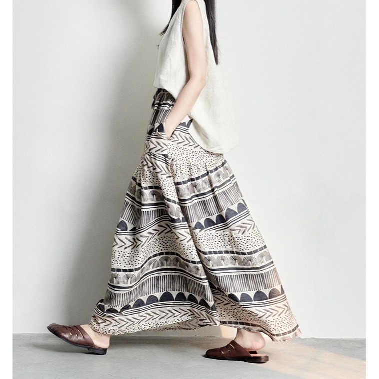 漾貝比【9155591】中大尺碼女裝 民俗風層次印花鬆緊腰大襬原麻色長裙(29-38)-細節圖3