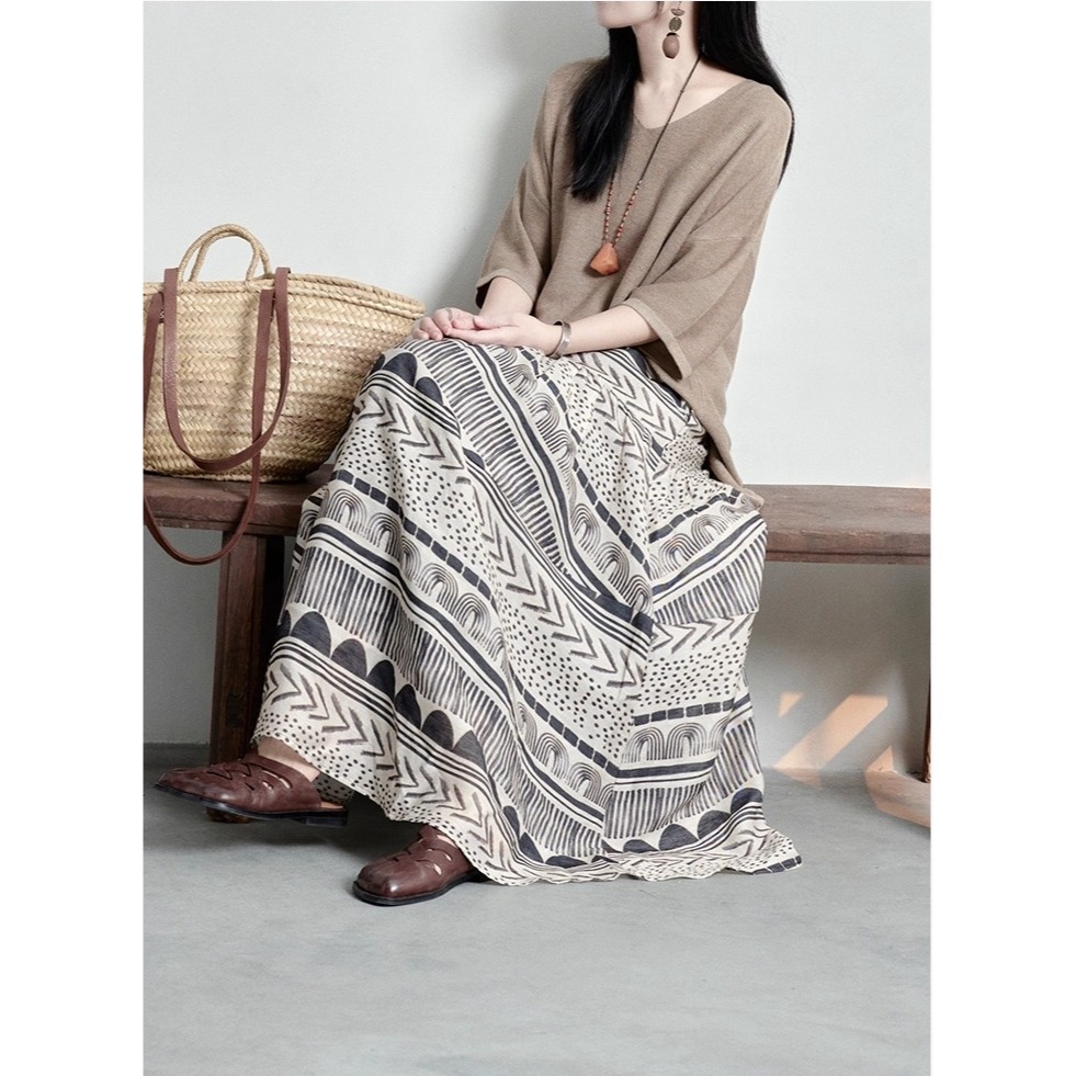 漾貝比【9155591】中大尺碼女裝 民俗風層次印花鬆緊腰大襬原麻色長裙(29-38)-細節圖4