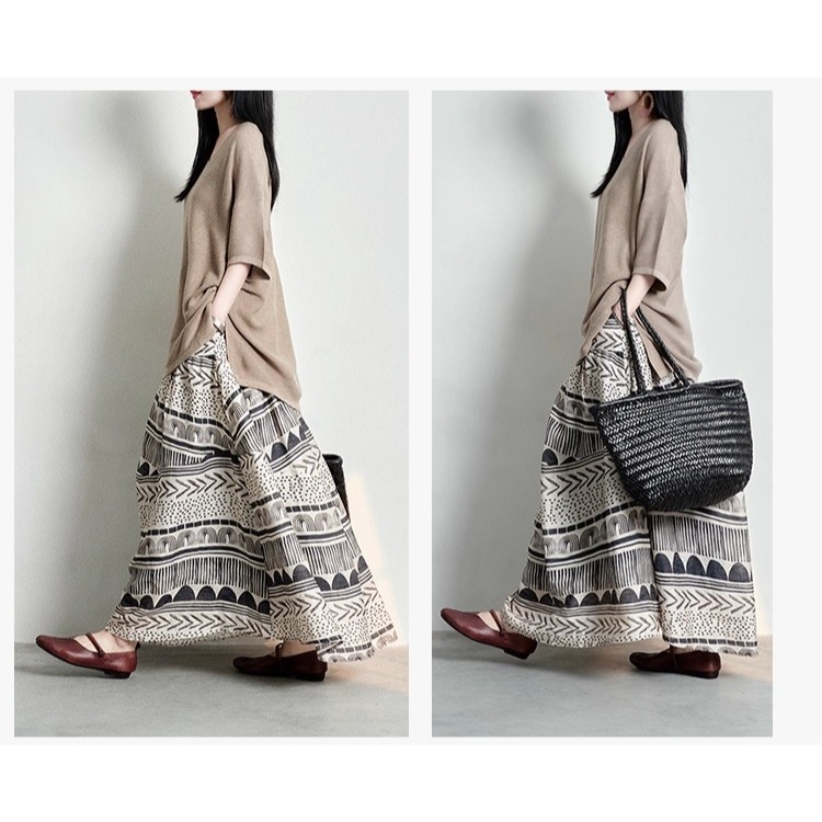 漾貝比【9155591】中大尺碼女裝 民俗風層次印花鬆緊腰大襬原麻色長裙(29-38)-細節圖6