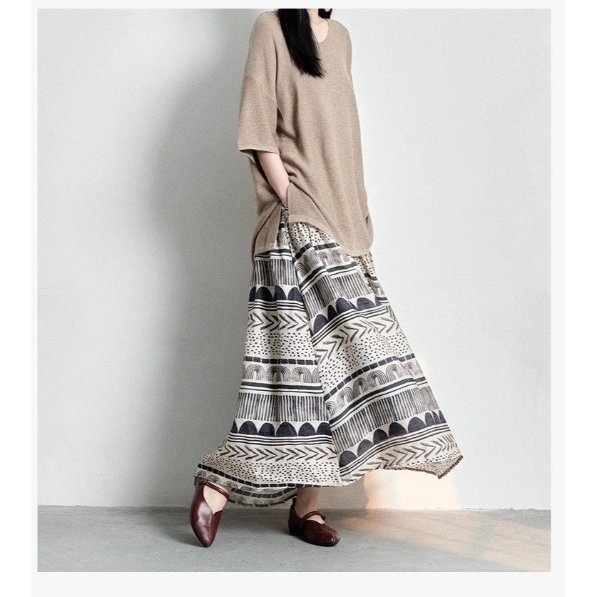 漾貝比【9155591】中大尺碼女裝 民俗風層次印花鬆緊腰大襬原麻色長裙(29-38)-細節圖7