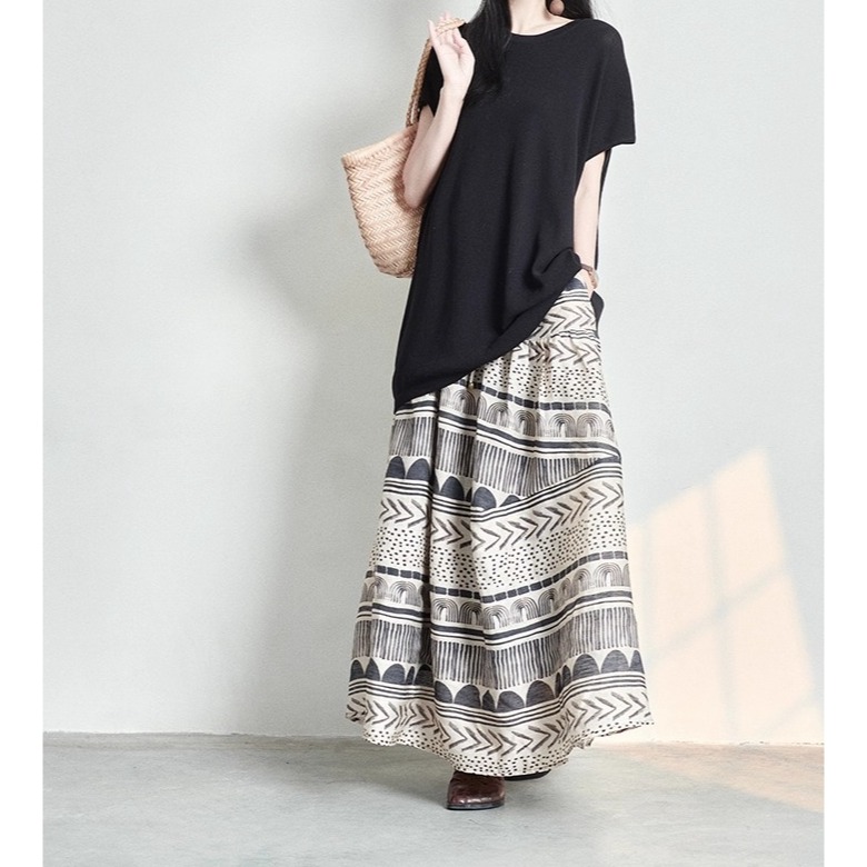 漾貝比【9155591】中大尺碼女裝 民俗風層次印花鬆緊腰大襬原麻色長裙(29-38)-細節圖8