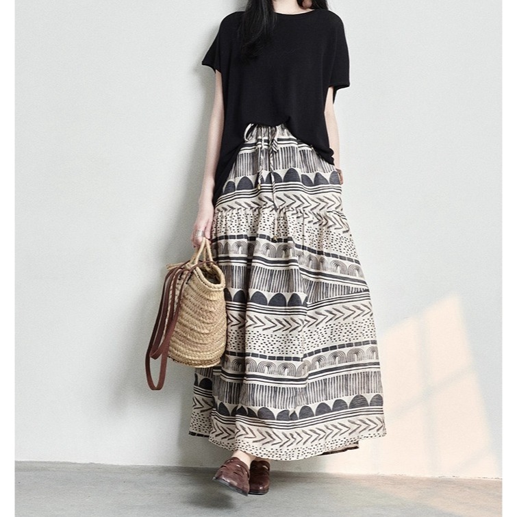 漾貝比【9155591】中大尺碼女裝 民俗風層次印花鬆緊腰大襬原麻色長裙(29-38)-細節圖9