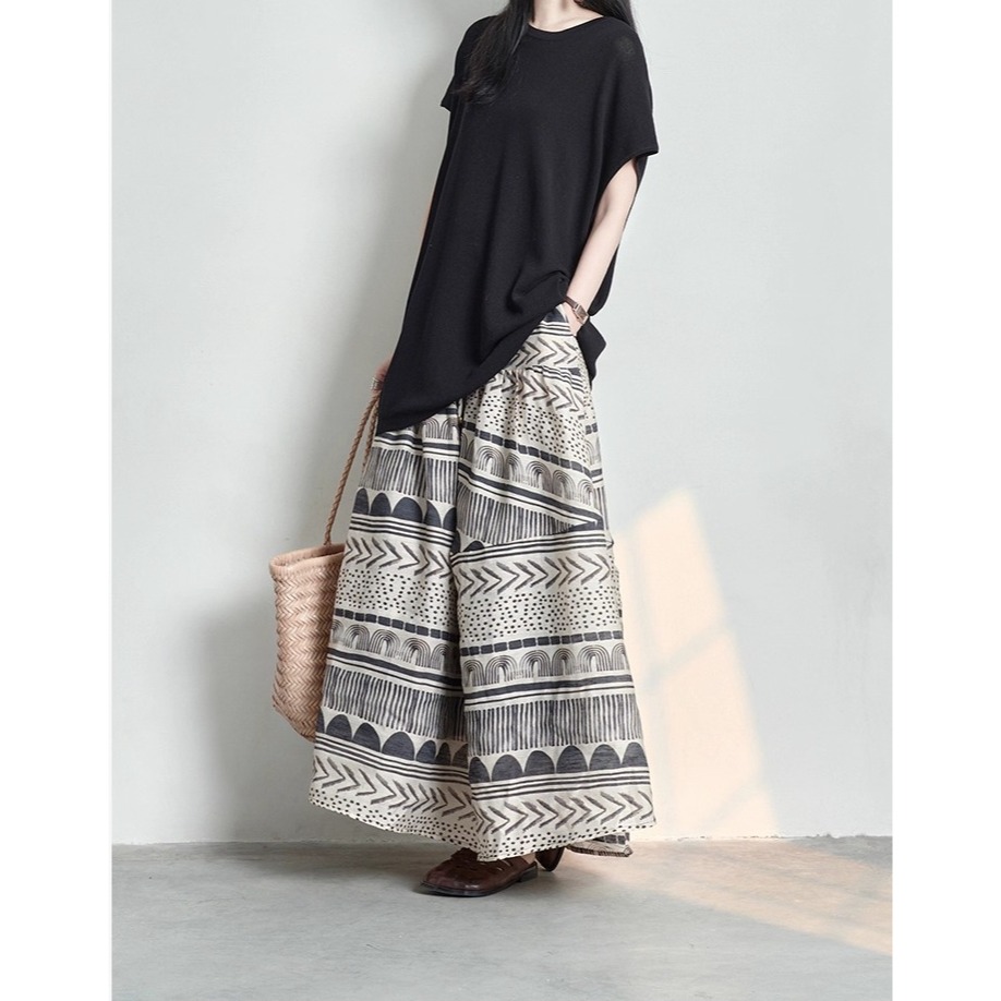 漾貝比【9155591】中大尺碼女裝 民俗風層次印花鬆緊腰大襬原麻色長裙(29-38)-細節圖10