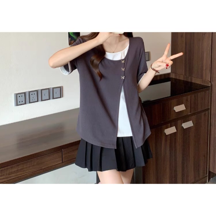 漾貝比【9155595】中大尺碼女裝 圓領白T蝴蝶釦灰色背心假兩件式上衣(40-55)-細節圖7