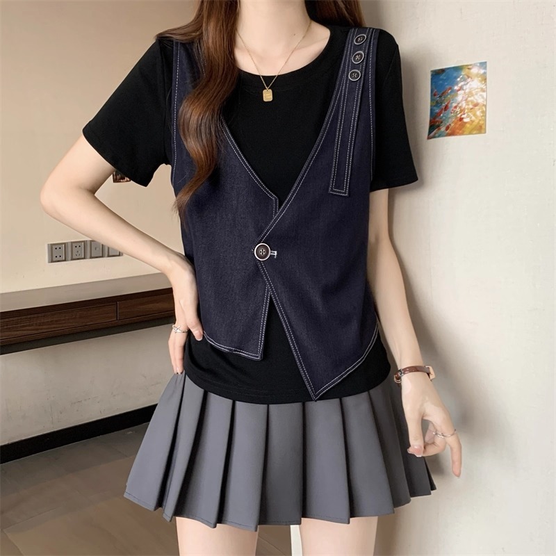 漾貝比【9155596】中大尺碼女裝 深V領拼接牛仔背心假兩件式上衣(36-43)-細節圖4