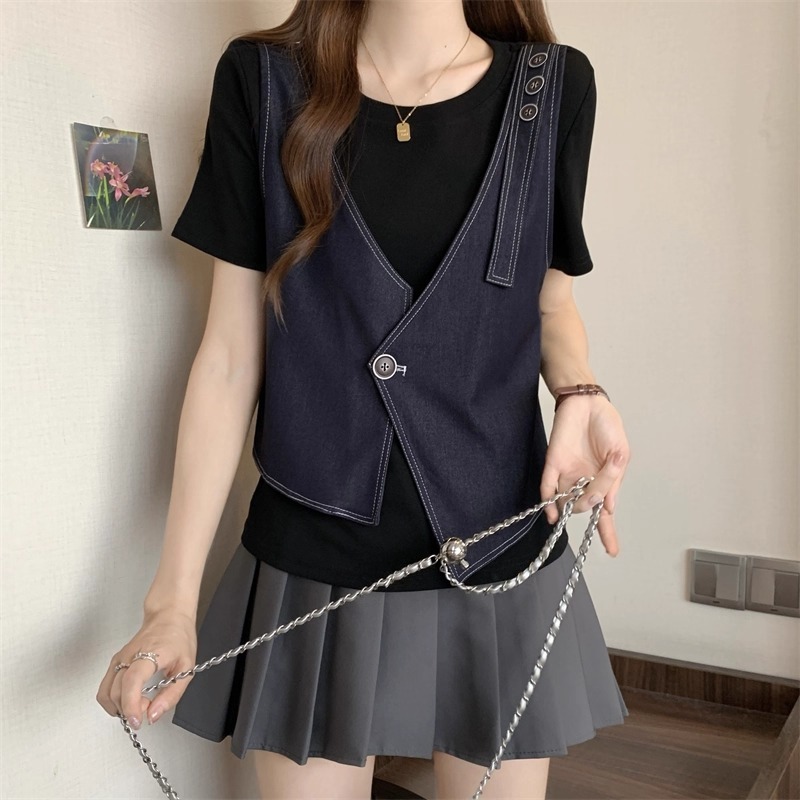 漾貝比【9155596】中大尺碼女裝 深V領拼接牛仔背心假兩件式上衣(36-43)-細節圖5