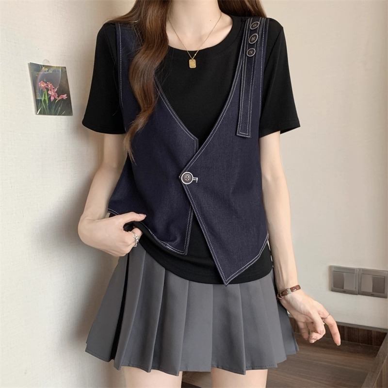 漾貝比【9155596】中大尺碼女裝 深V領拼接牛仔背心假兩件式上衣(36-43)-細節圖7