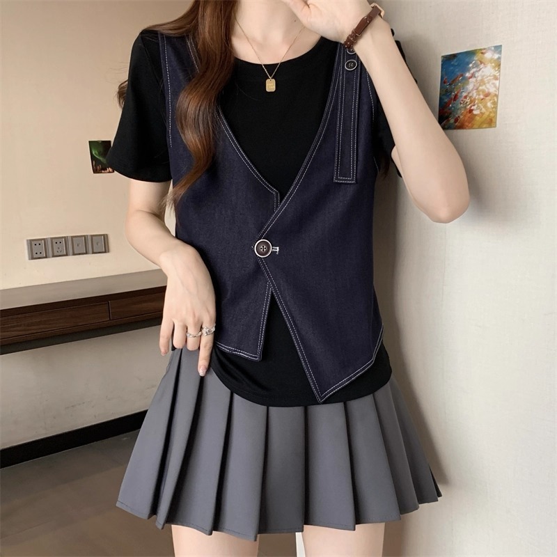 漾貝比【9155596】中大尺碼女裝 深V領拼接牛仔背心假兩件式上衣(36-43)-細節圖3