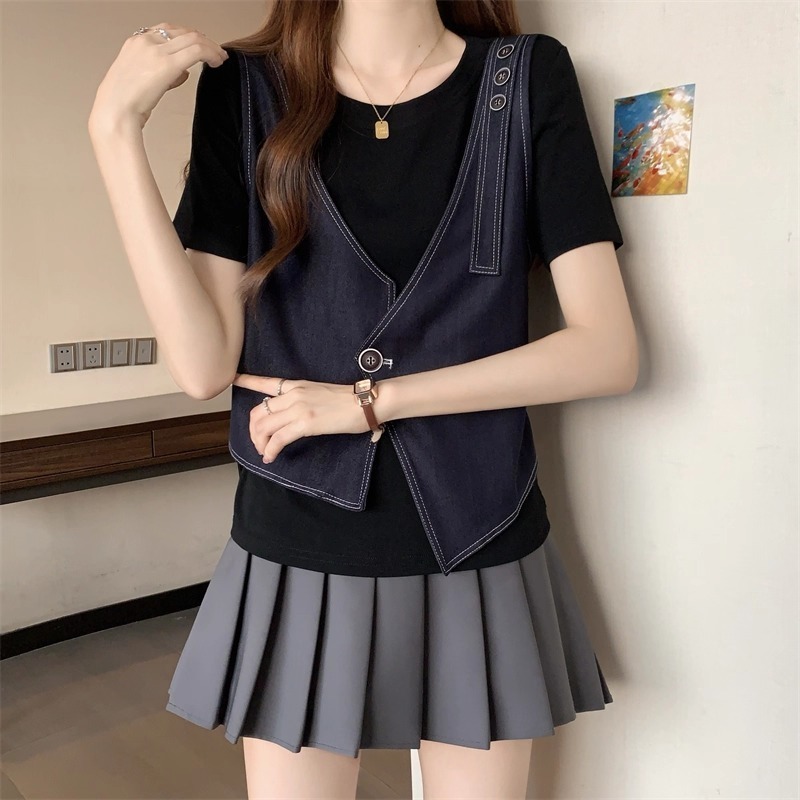 漾貝比【9155596】中大尺碼女裝 深V領拼接牛仔背心假兩件式上衣(36-43)-細節圖6