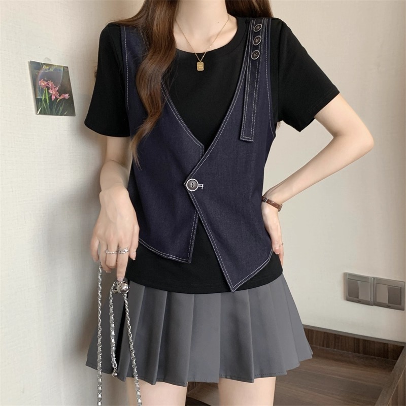 漾貝比【9155596】中大尺碼女裝 深V領拼接牛仔背心假兩件式上衣(36-43)-細節圖8