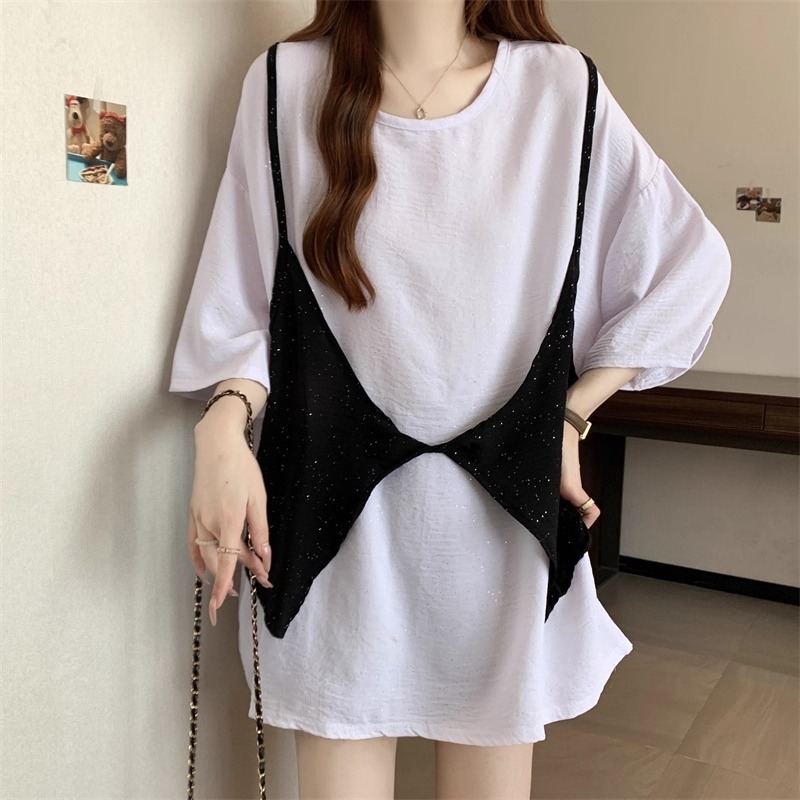 漾貝比【9155598】中大尺碼女裝 寬鬆黑色扭結背心閃銀假兩件式上衣(38-52)-細節圖4