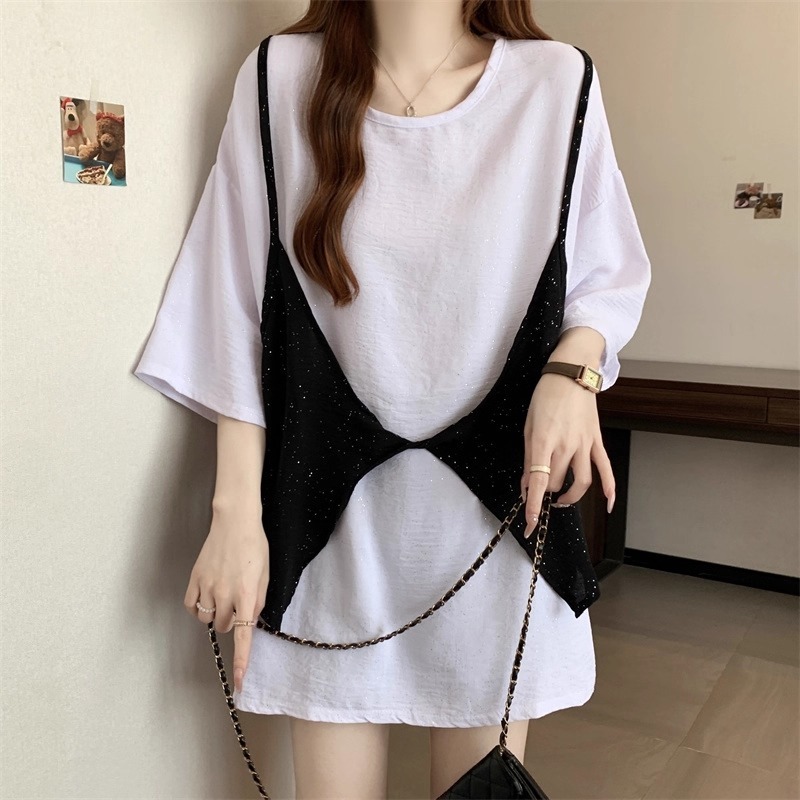 漾貝比【9155598】中大尺碼女裝 寬鬆黑色扭結背心閃銀假兩件式上衣(38-52)-細節圖5