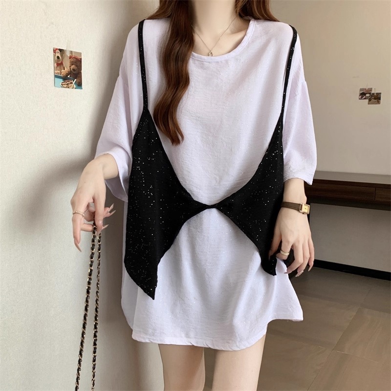 漾貝比【9155598】中大尺碼女裝 寬鬆黑色扭結背心閃銀假兩件式上衣(38-52)-細節圖6