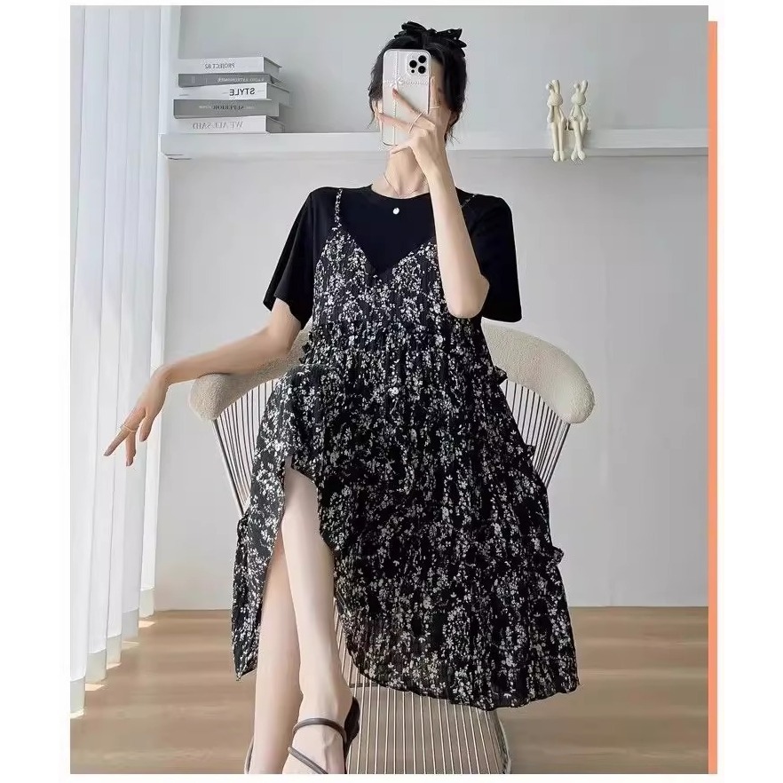 漾貝比【9155599】中大尺碼女裝 拼接碎花雪紡背心裙假兩件式洋裝(38-48)-細節圖2