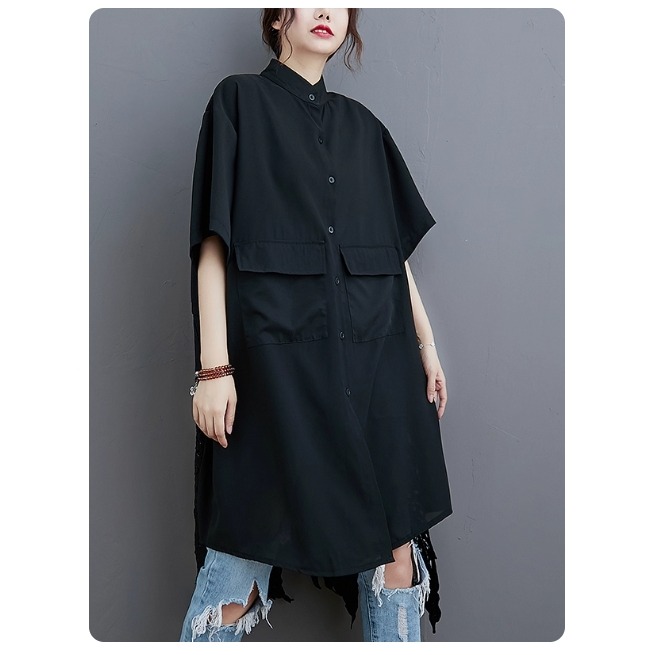 漾貝比【9155606】中大尺碼女裝 拼接不規則縷空蕾絲中長版襯衫．黑(38-49)-細節圖3