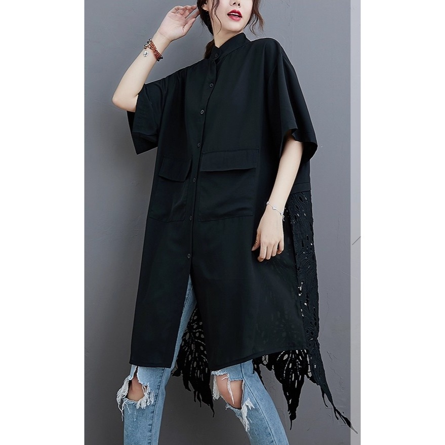 漾貝比【9155606】中大尺碼女裝 拼接不規則縷空蕾絲中長版襯衫．黑(38-49)-細節圖4