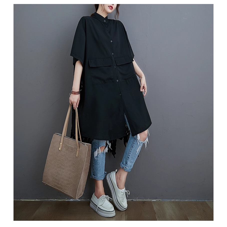 漾貝比【9155606】中大尺碼女裝 拼接不規則縷空蕾絲中長版襯衫．黑(38-49)-細節圖5