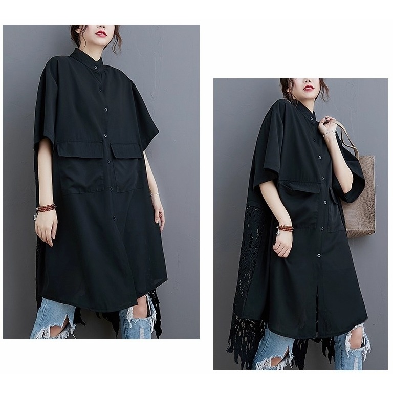 漾貝比【9155606】中大尺碼女裝 拼接不規則縷空蕾絲中長版襯衫．黑(38-49)-細節圖7