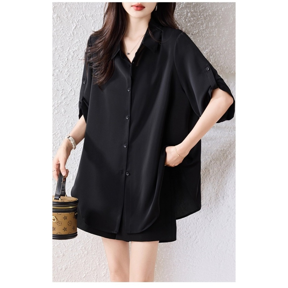 漾貝比【9155609】中大尺碼女裝 反折袖排釦雪紡襯衫．黑(36-50)-細節圖3