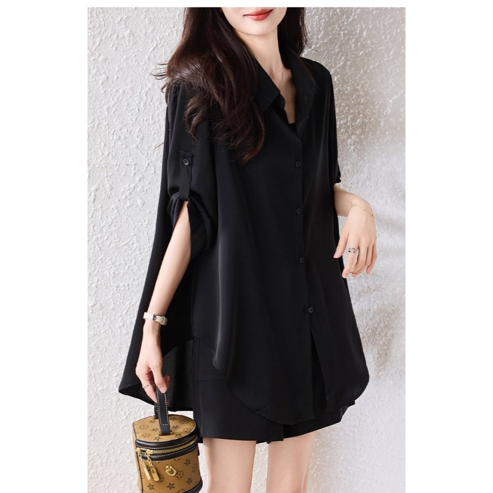漾貝比【9155609】中大尺碼女裝 反折袖排釦雪紡襯衫．黑(36-50)-細節圖4